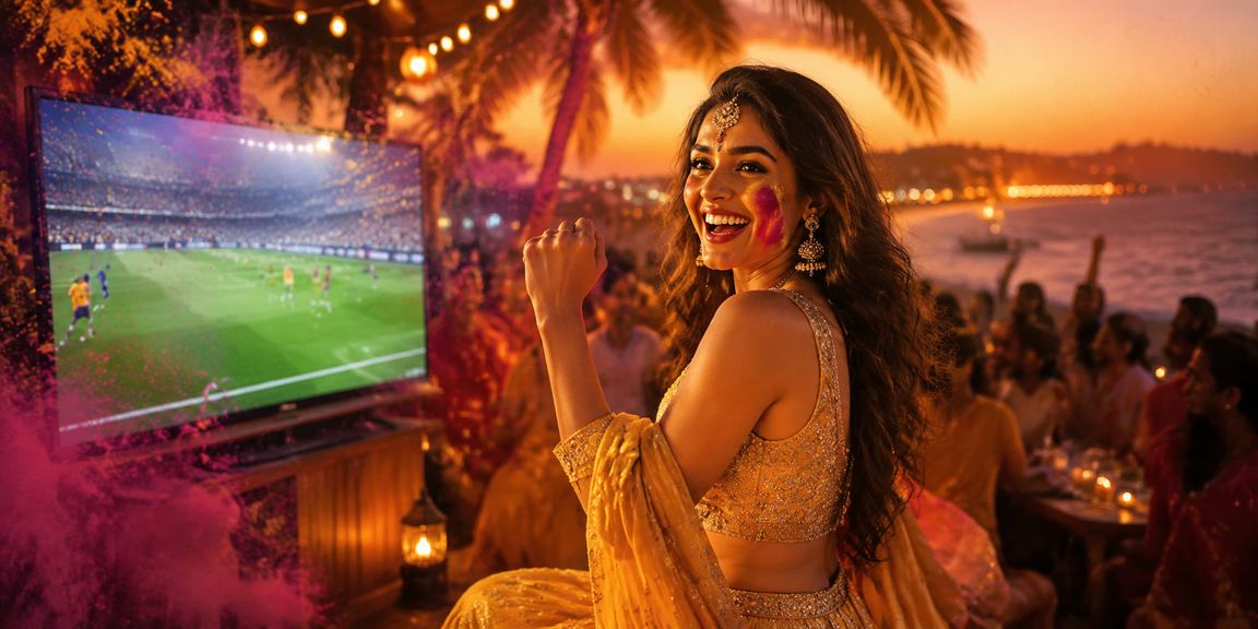 Sunset beach scene in Goa showing cricket and football betting screens