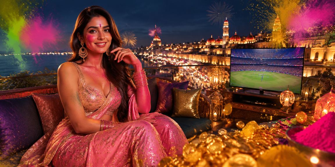 Vivid scene of cricket betting during Holi festival with colorful crowd